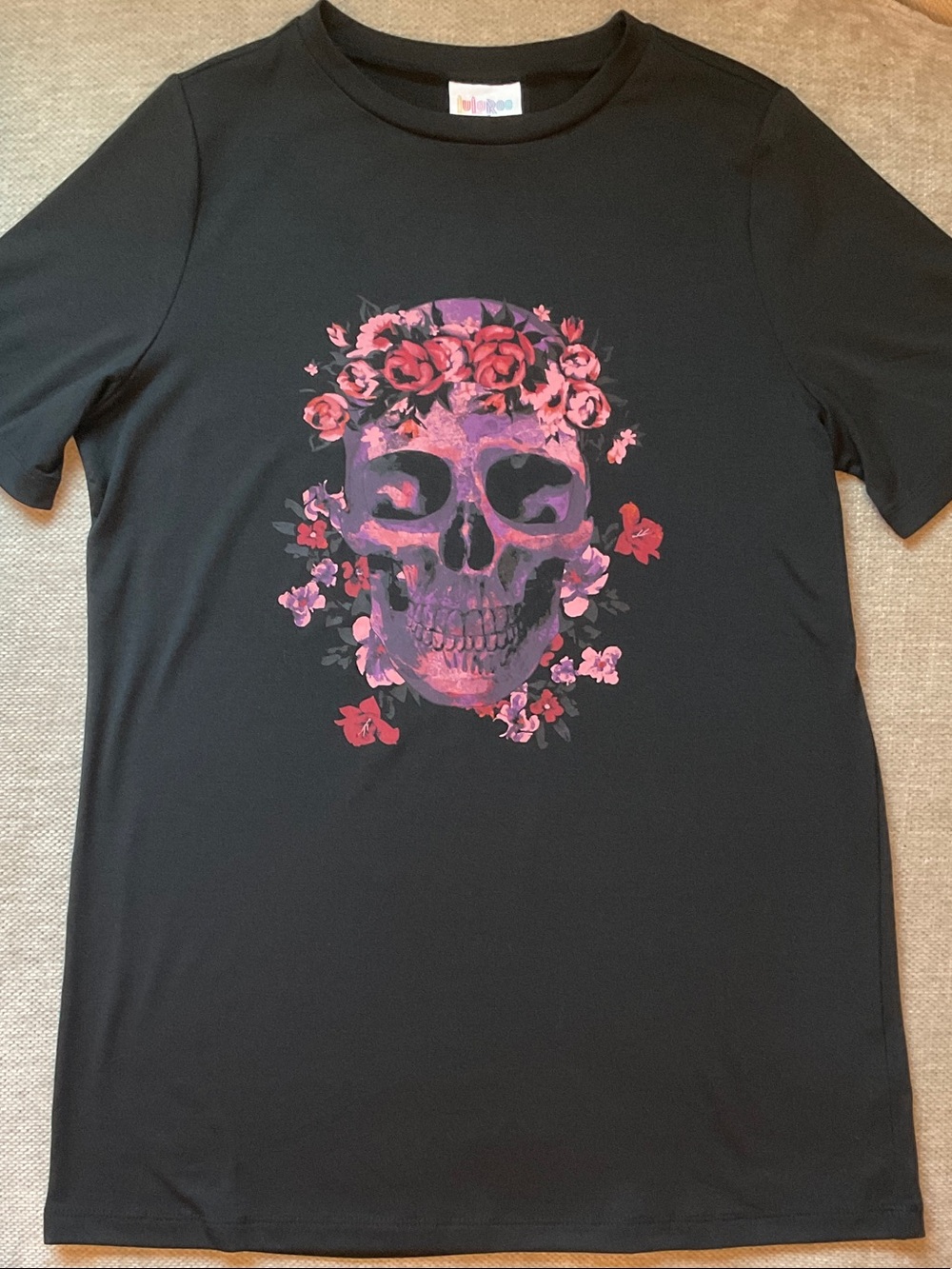 LuLaRoe Black Short-Sleeve Tee with Pink and Purple Floral Skull